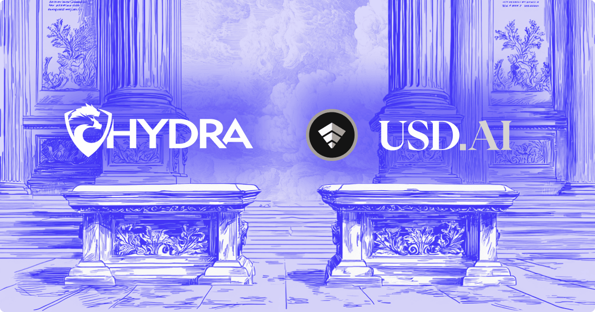 Hydra Host and USD.AI partnership graphic showing AI Factory infrastructure combining GPU sourcing and specialized financing